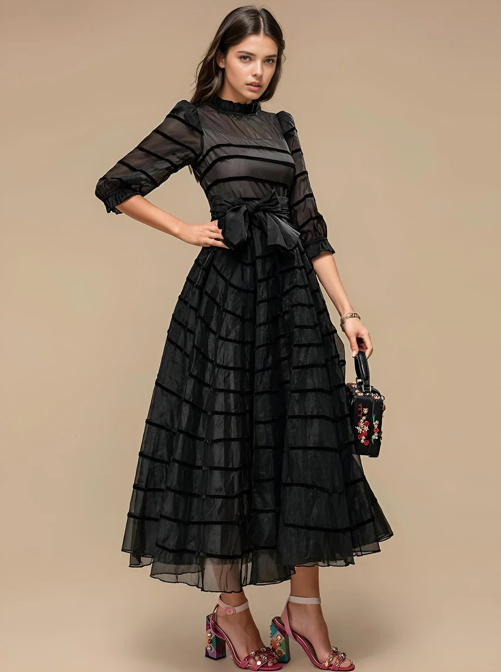 CHARLENE HIGH-WAIST BELTED MESH DRESS