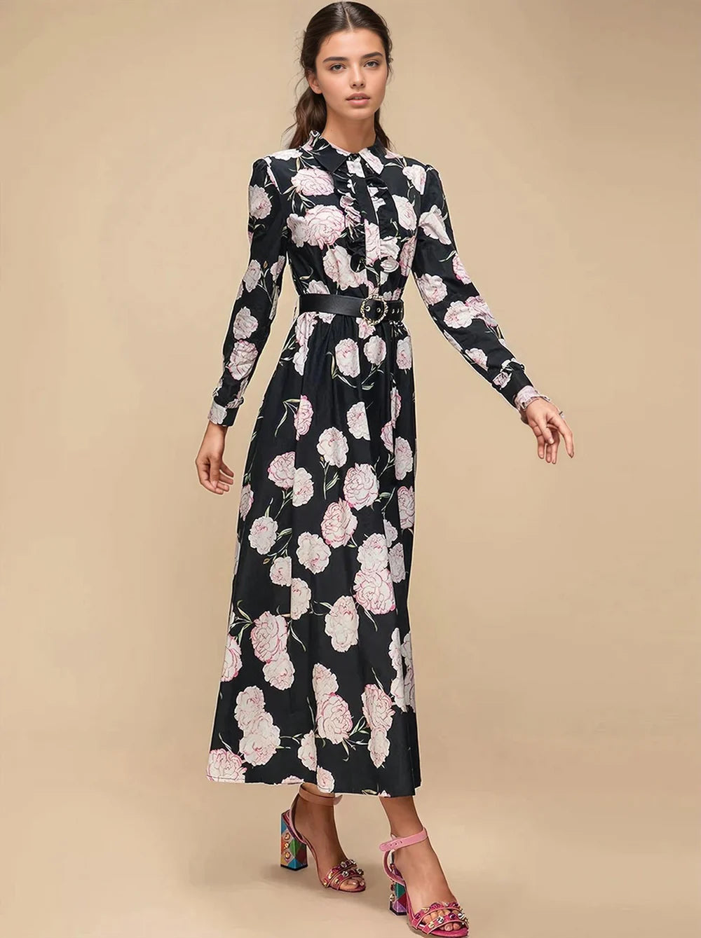 ADELINE LAPEL BUTTON-DOWN BELT DRESS