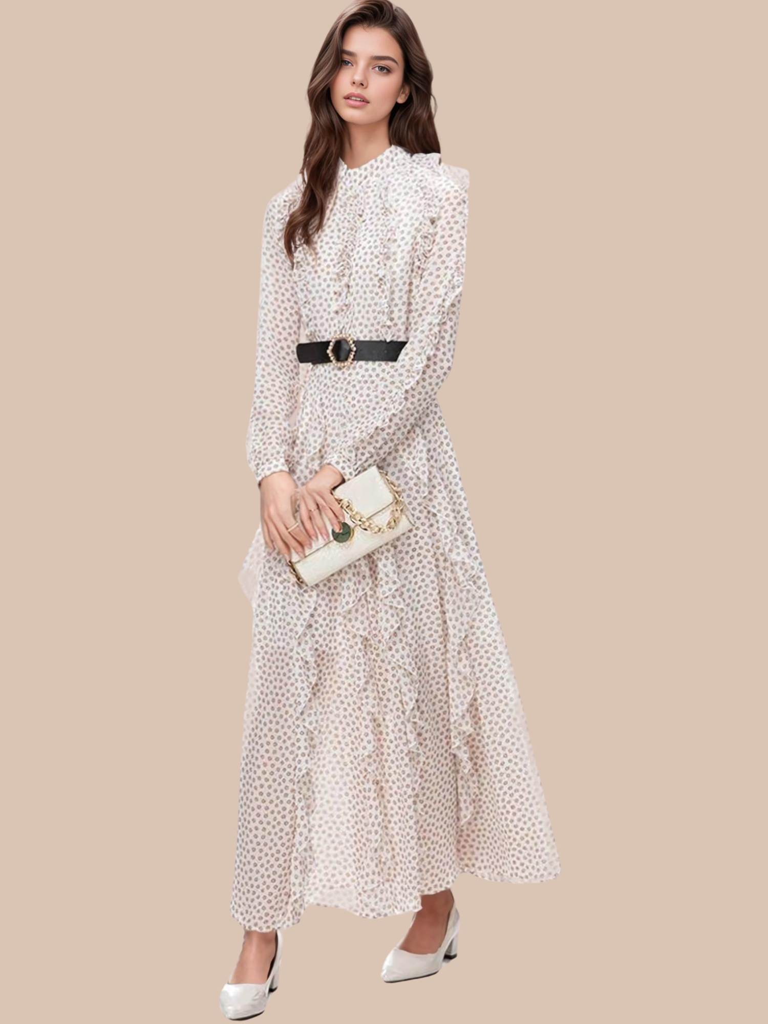 Adara Polka-Dot Ruffled Belt Dress