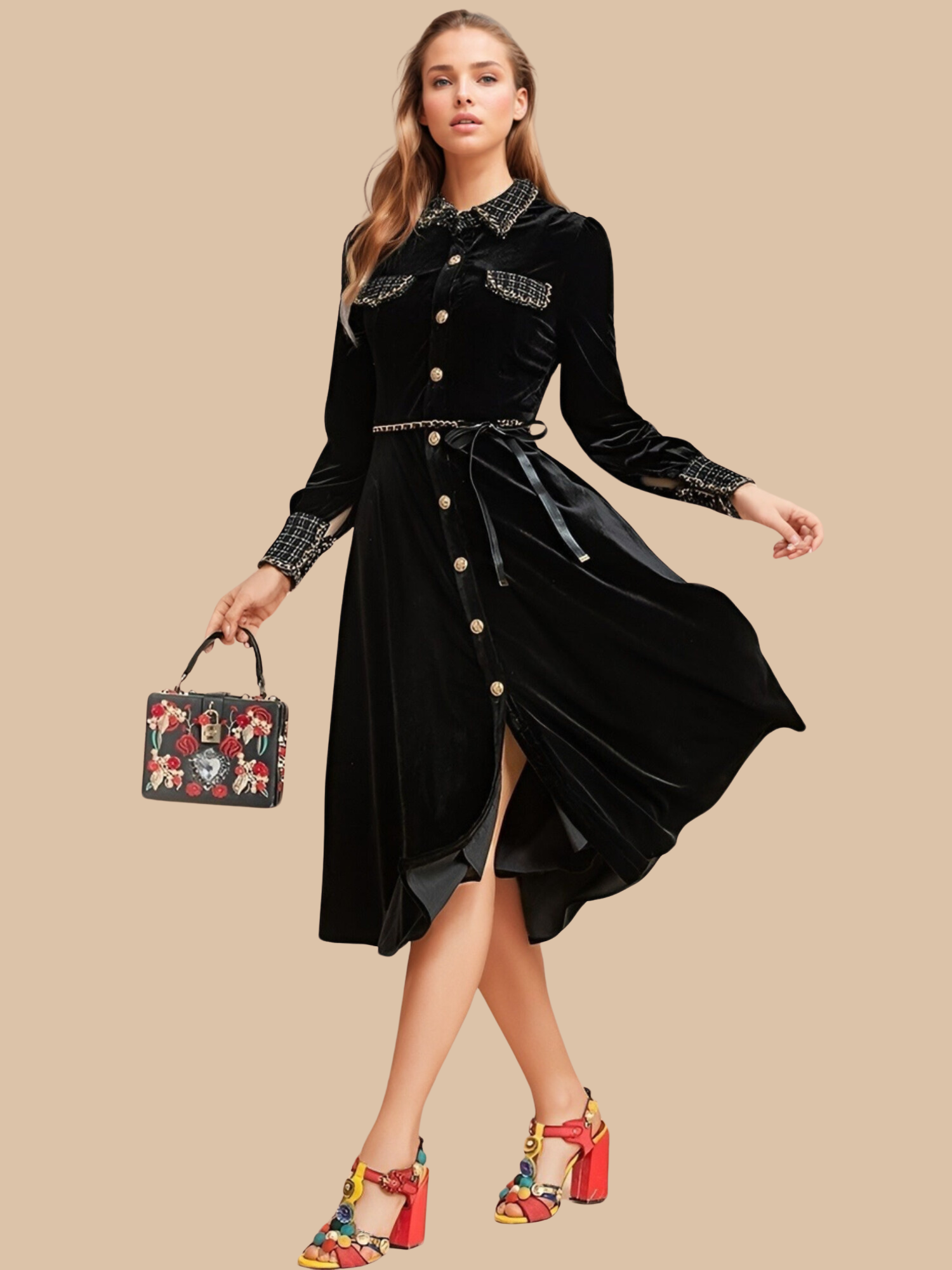 Mindy Lapel Button-Down Velvet Dress