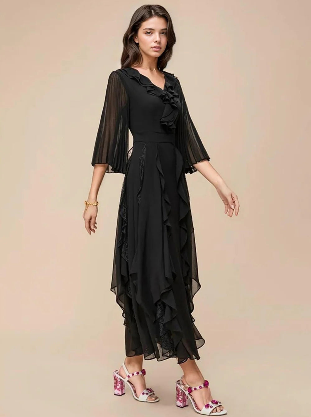 ANNA HIGH-WAIST RUFFLED DRAPE DRESS