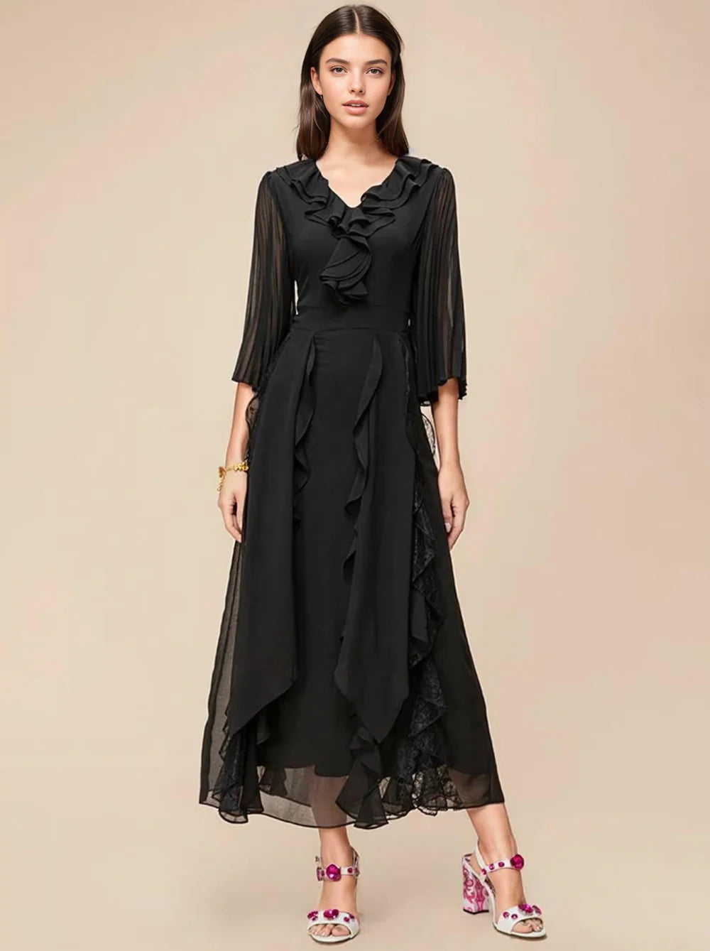 ANNA HIGH-WAIST RUFFLED DRAPE DRESS