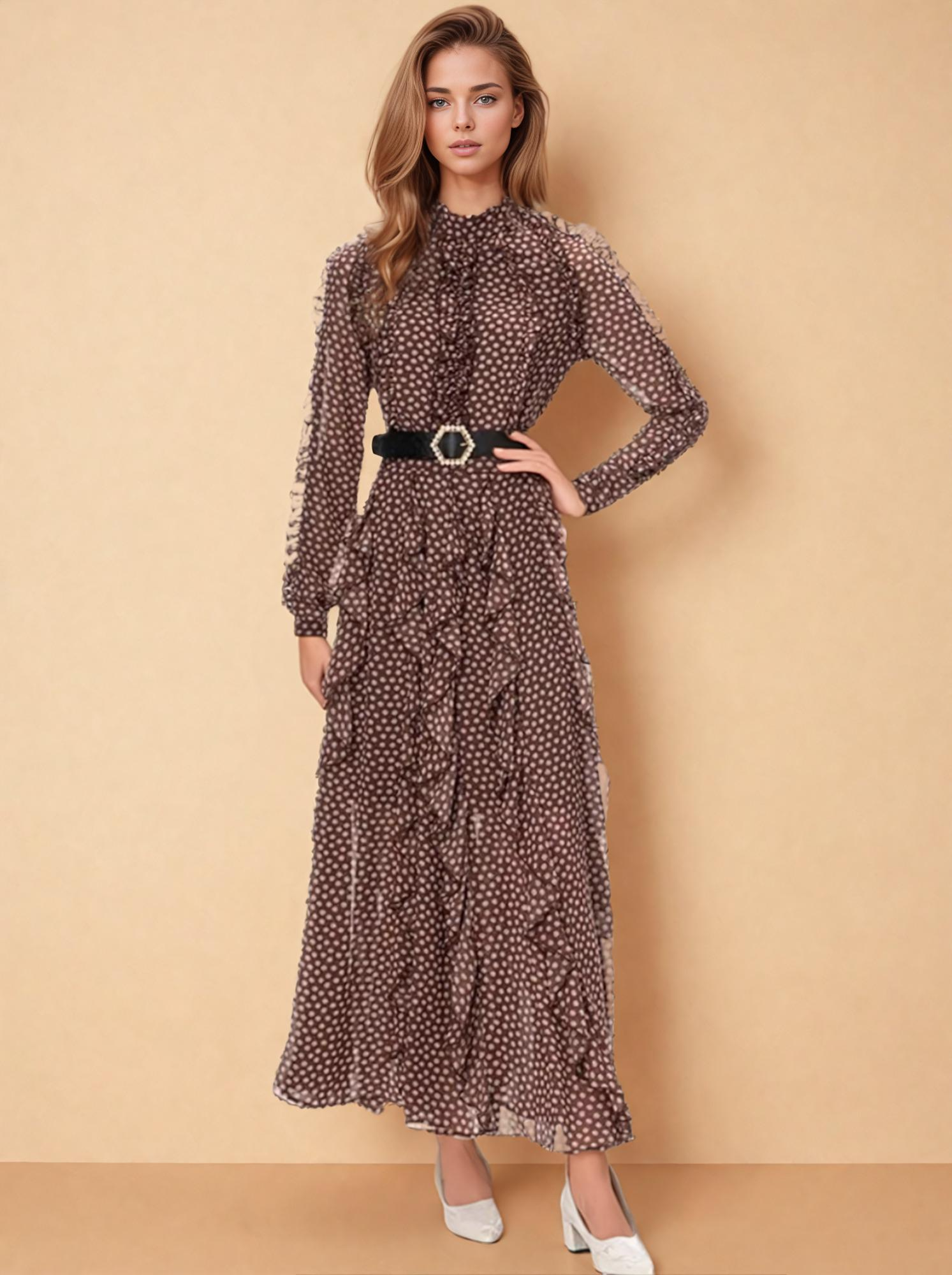 Adara Polka-Dot Ruffled Belt Dress