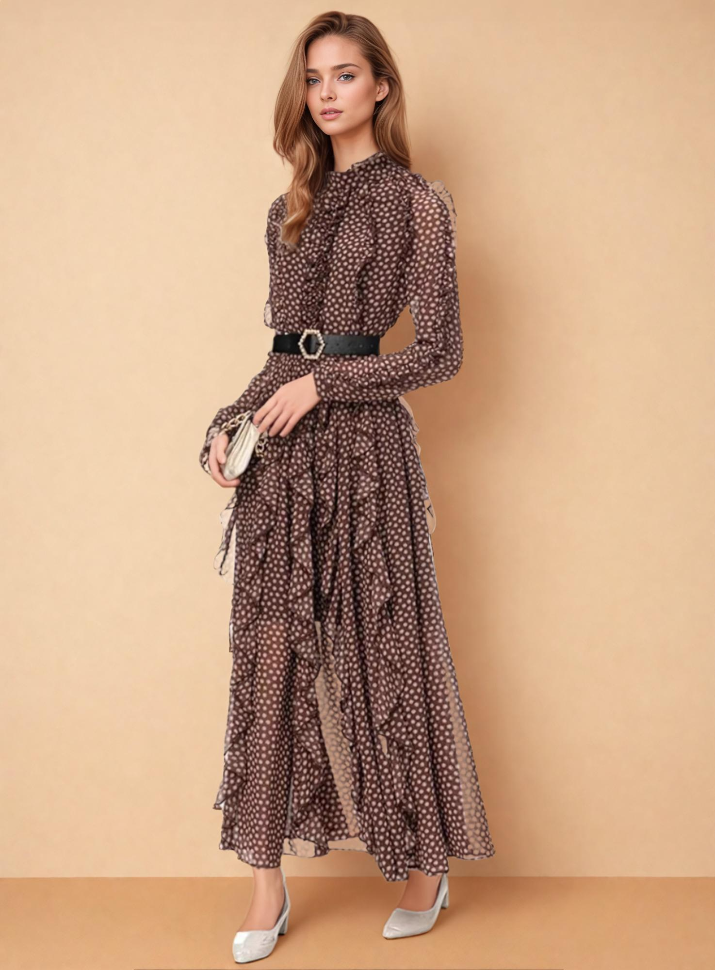 Adara Polka-Dot Ruffled Belt Dress