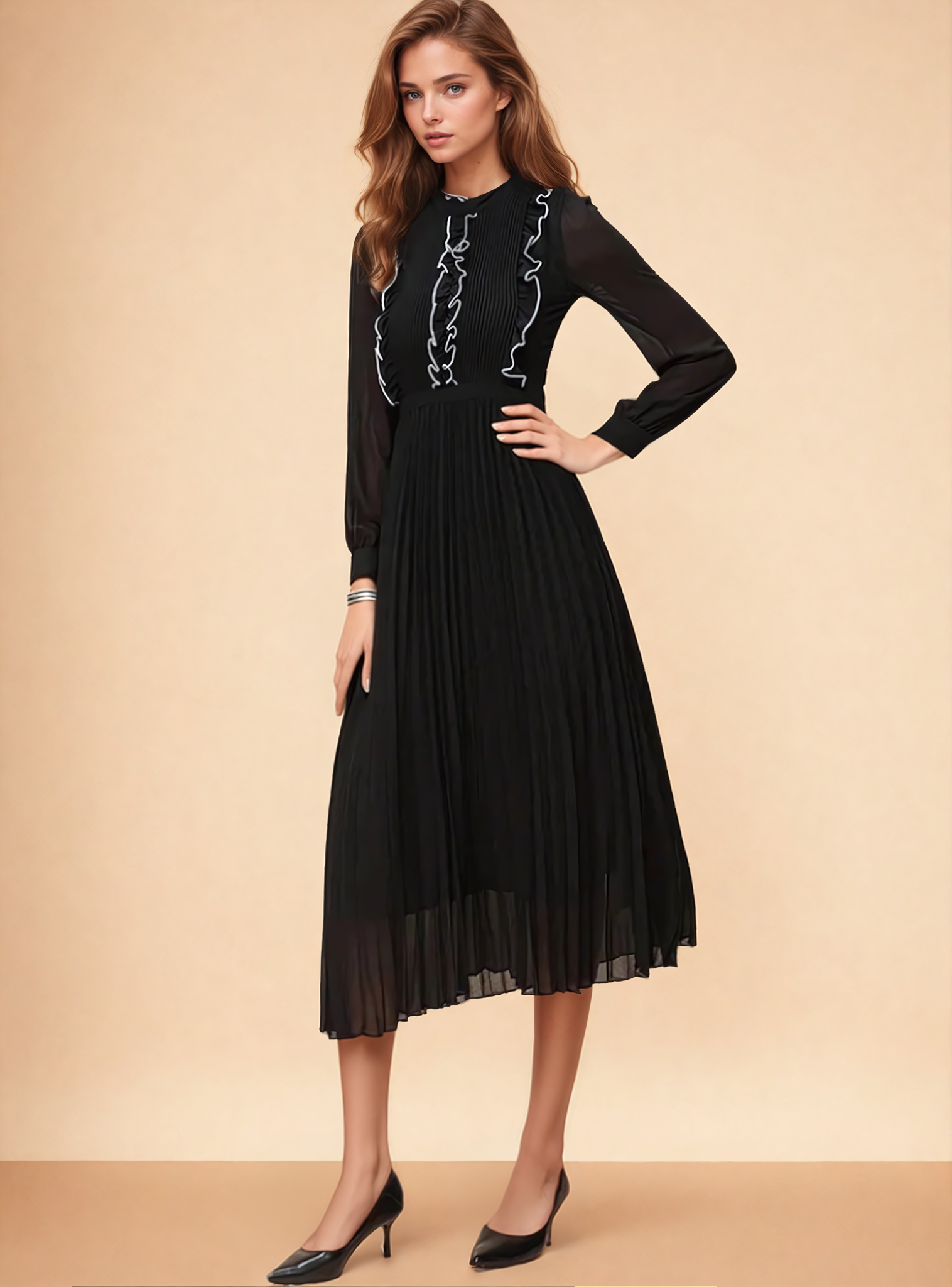 Meella Ruffle High-Waist Pleated Dress